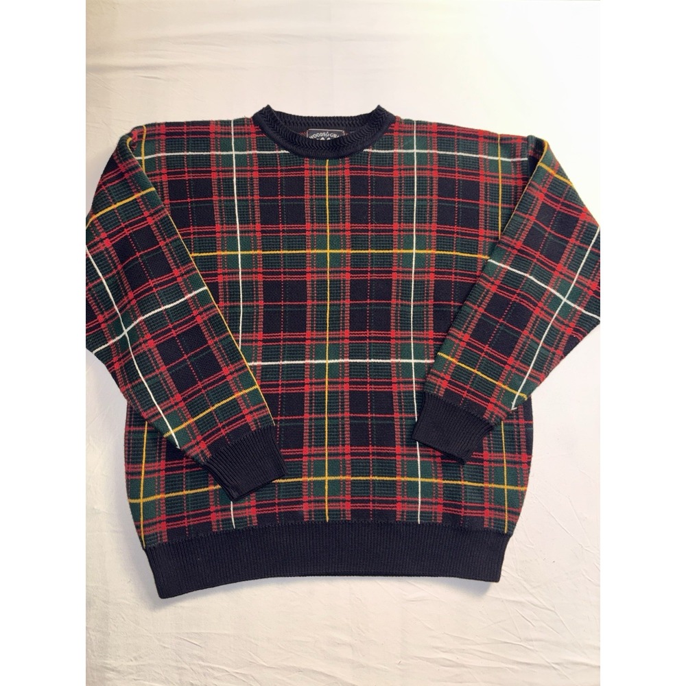 Vintage Woods & Gray Sweater Mens Large Plaid Red Green Tartan Crew Knit 90s XL